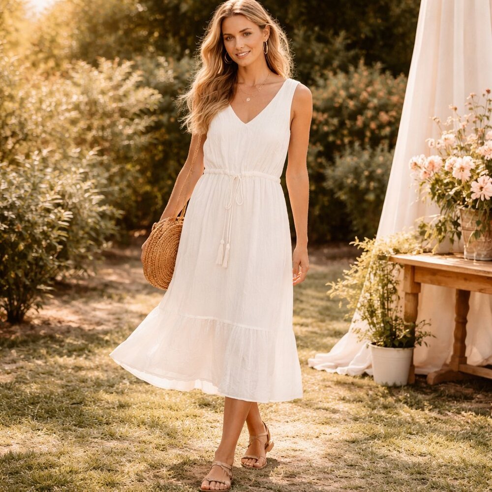 Mystree White V-Neck Tiered Maxi Dress